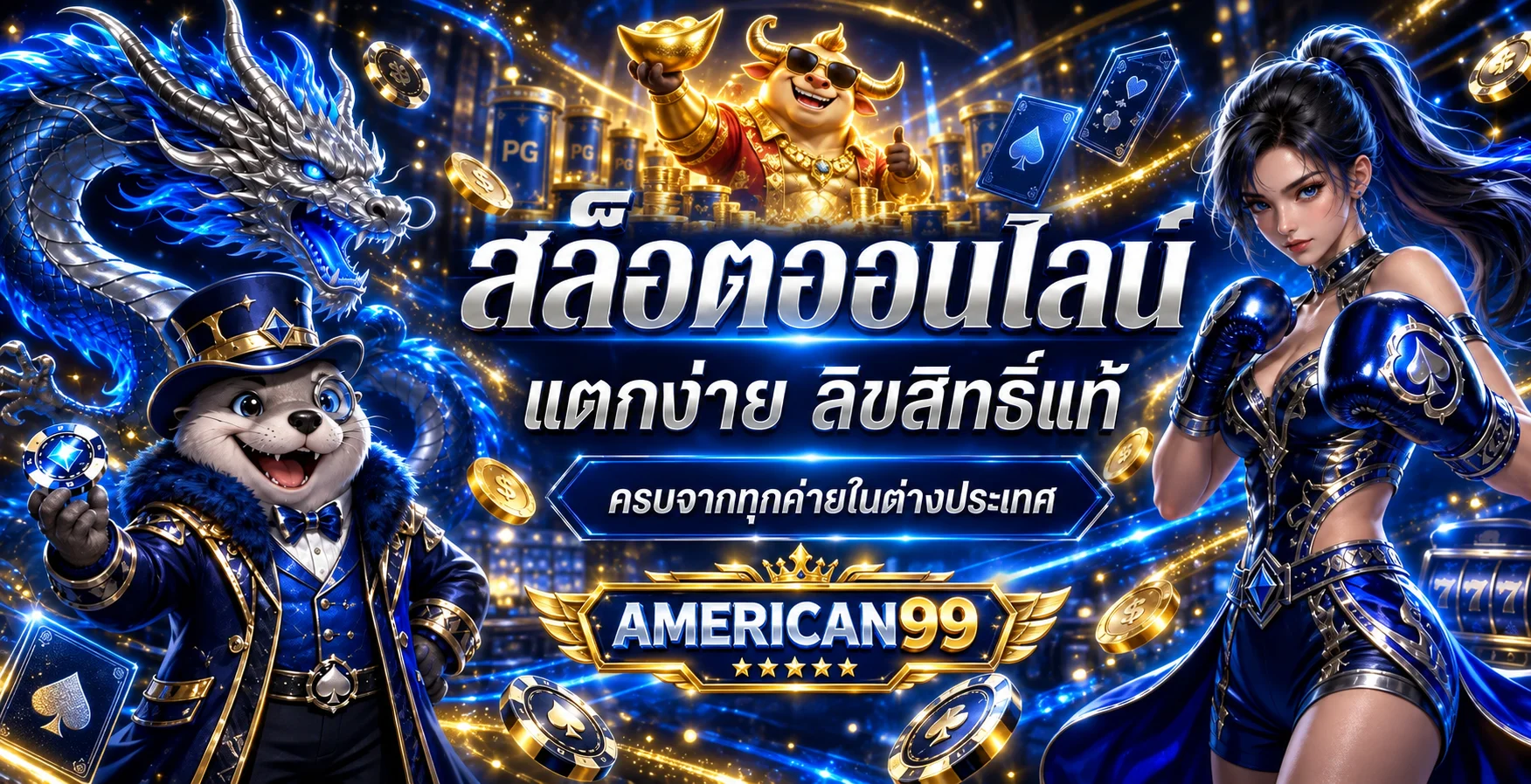 แบนเนอร์สล็อตออนไลน์ AMERICAN99 พร้อมตัวละคร PG Soft